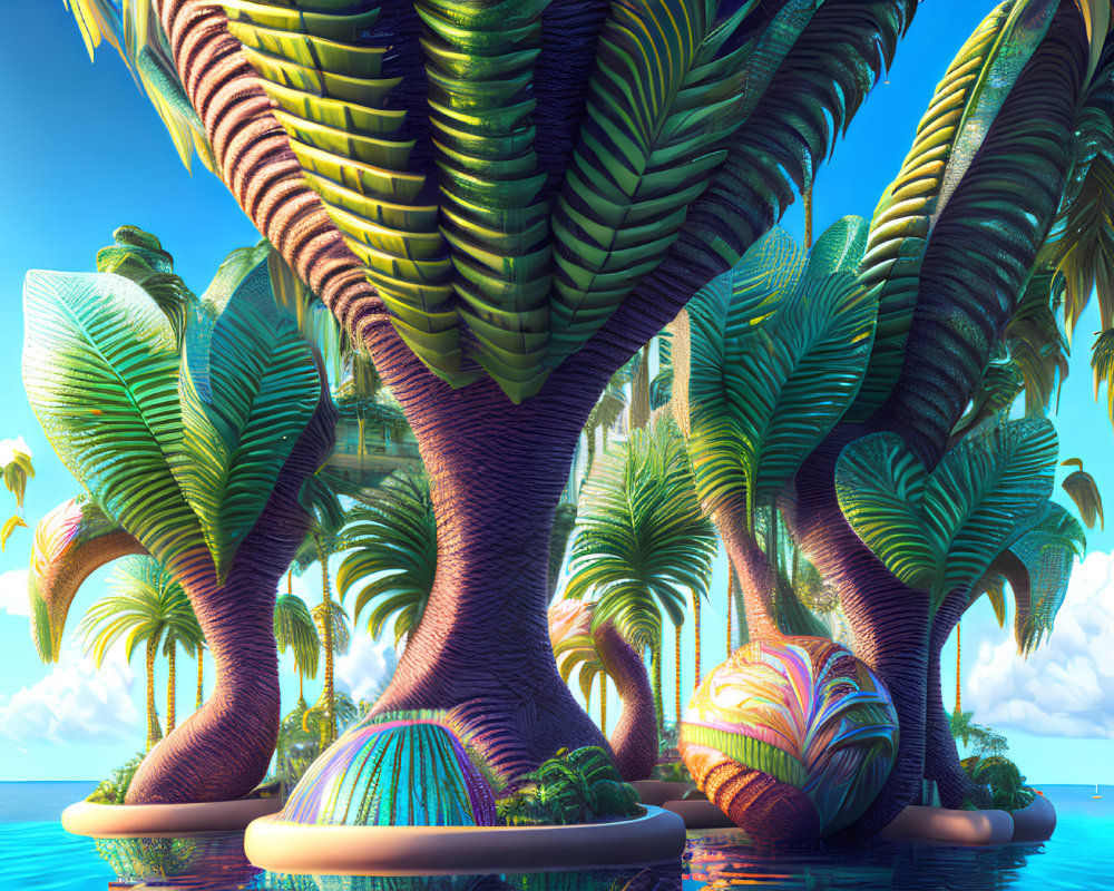 Surreal tropical island landscape with twisted palm trees