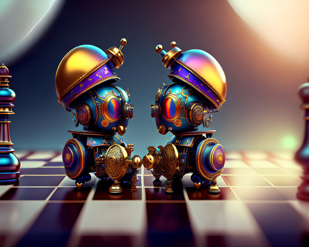Steampunk-style robotic figures on chessboard with moon in background