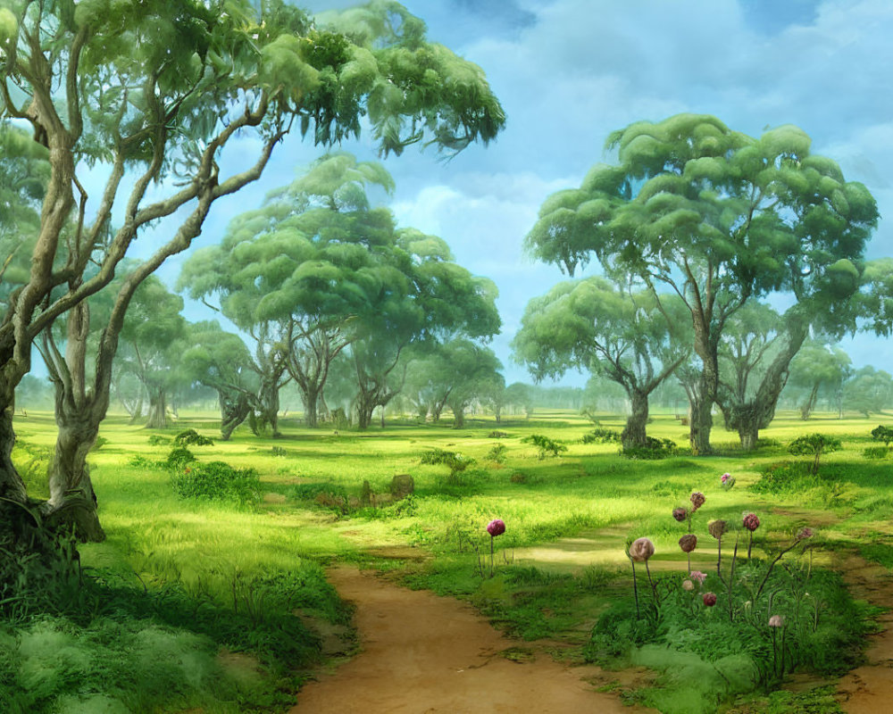 Tranquil landscape with green trees, dirt path, vibrant grass, pink flowers, blue sky