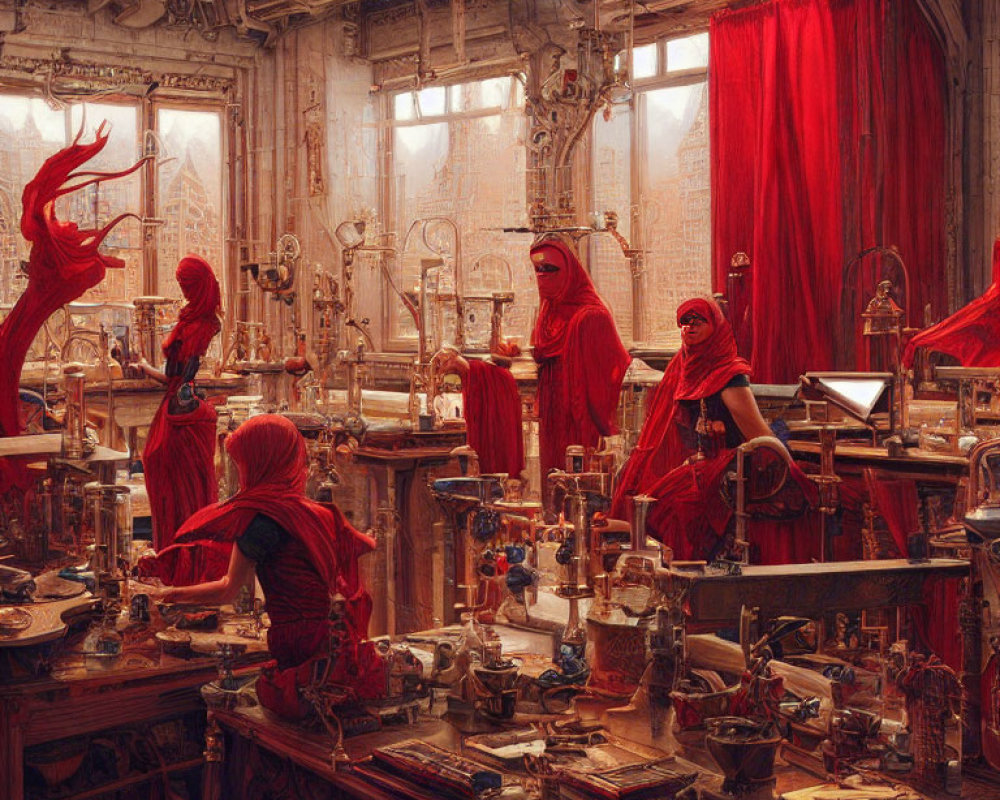 Group in Red Cloaks in Antique Lab with Apparatuses and Books