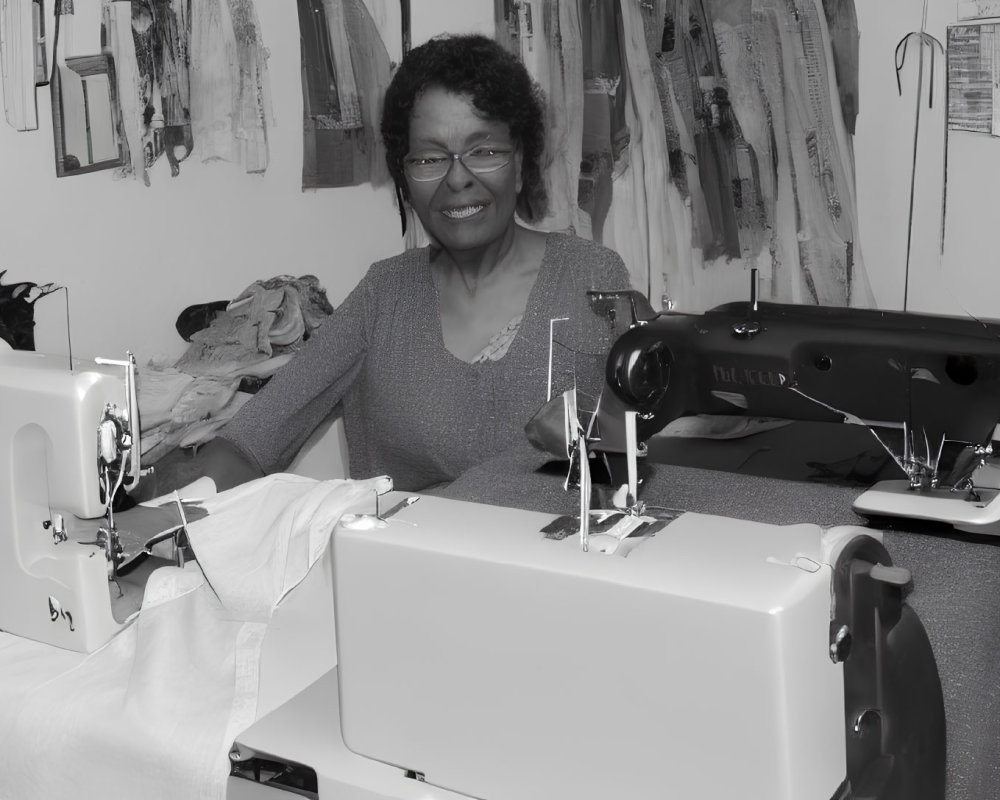 Smiling woman with sewing machines in garment-filled room