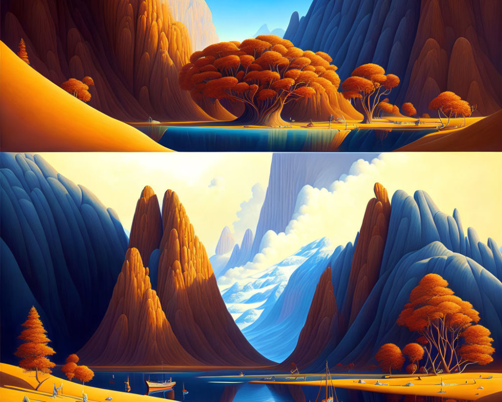 Digital artwork showcasing contrasting landscapes with autumn trees, river, moon, waterfall, boats.