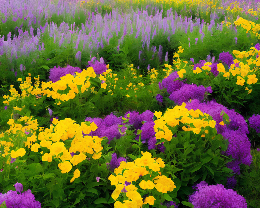 Colorful Flower Field with Yellow and Purple Blooms Against Lush Greenery