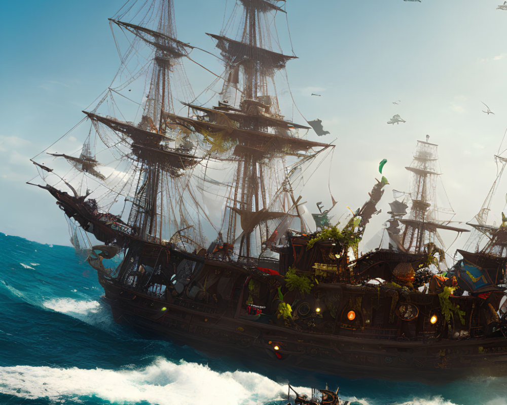 Ornate ship with multiple sails and lush greenery sailing on ocean waters