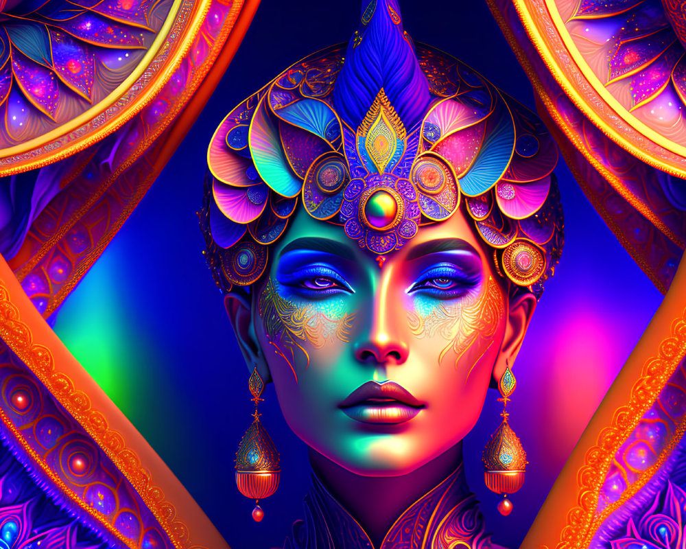 Colorful digital artwork of woman with golden headpiece on psychedelic background