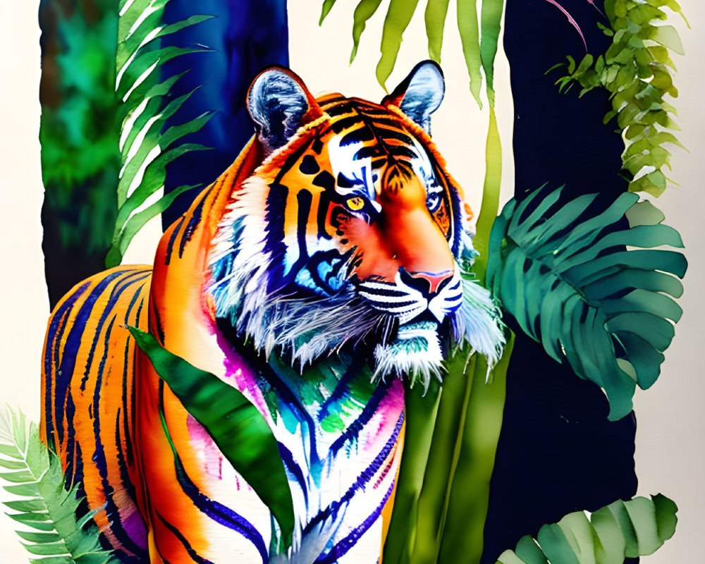 Colorful Tiger Illustration Among Tropical Foliage
