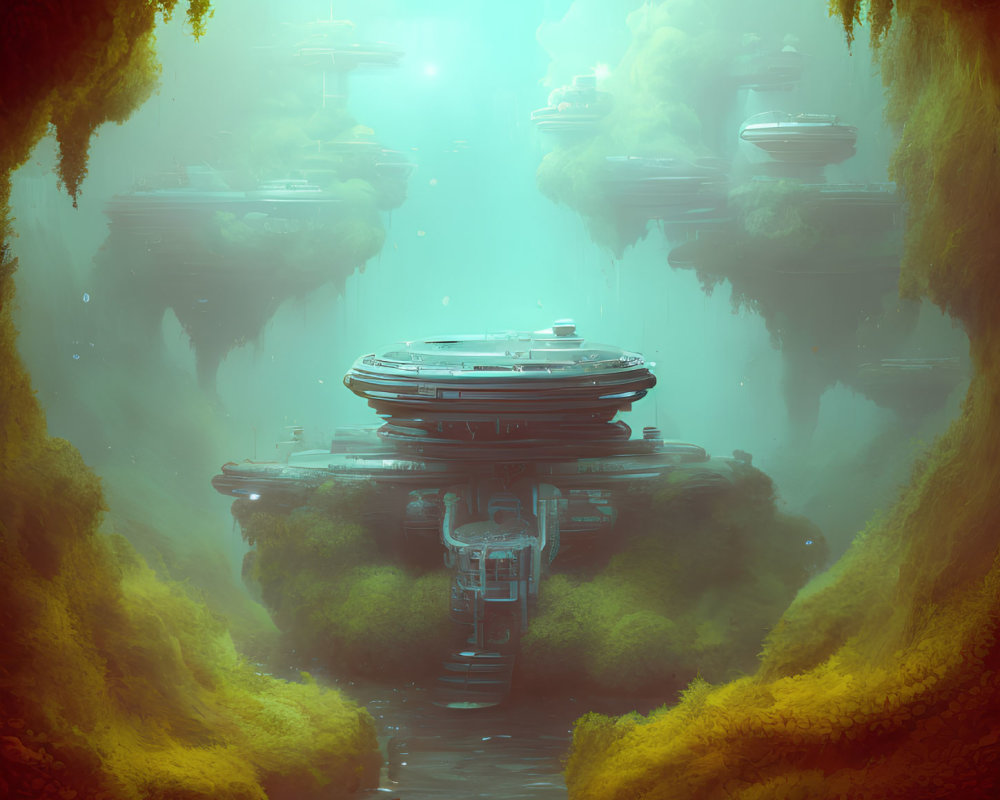 Mystical floating city among high cliffs in golden mist