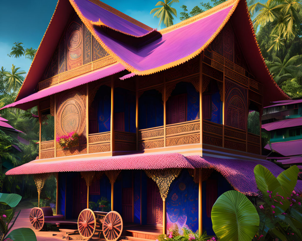 Vibrant purple roof on traditional wooden two-story house surrounded by lush tropical vegetation