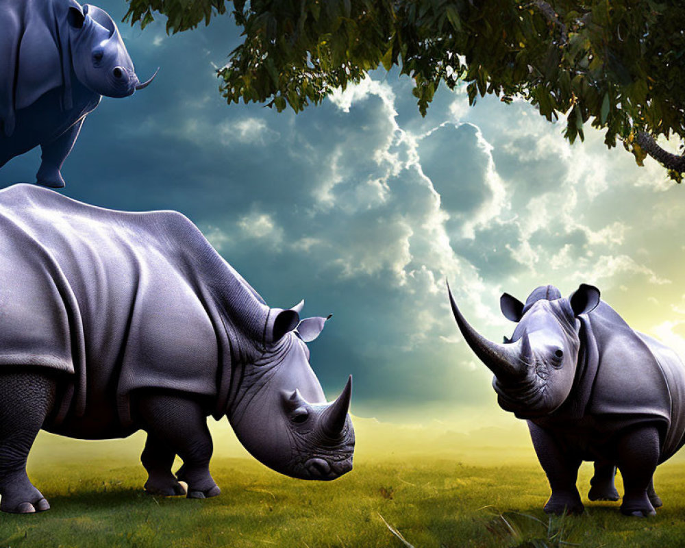 Stylized rhinos under dramatic sky with lush greenery