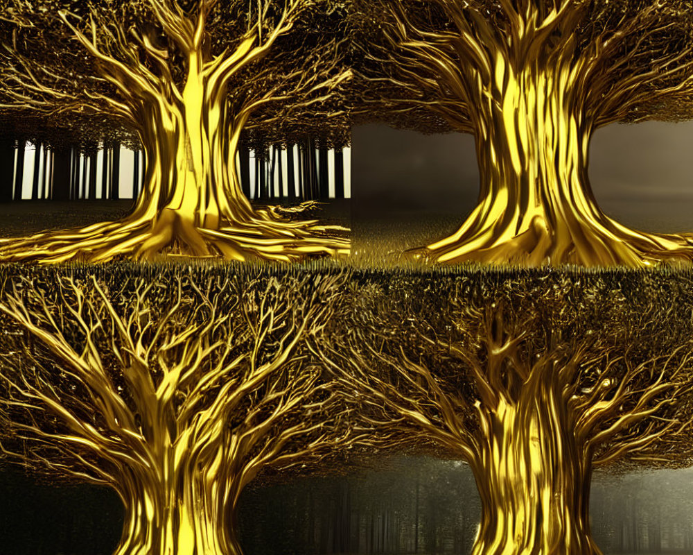 Golden luminous tree in dark forest in four panels