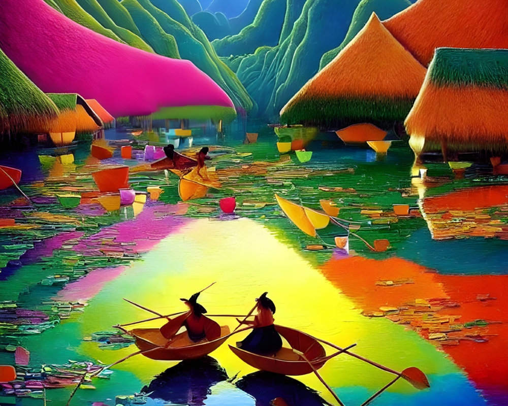Colorful painting of two people rowing boats in a scenic landscape with rolling hills and thatched h