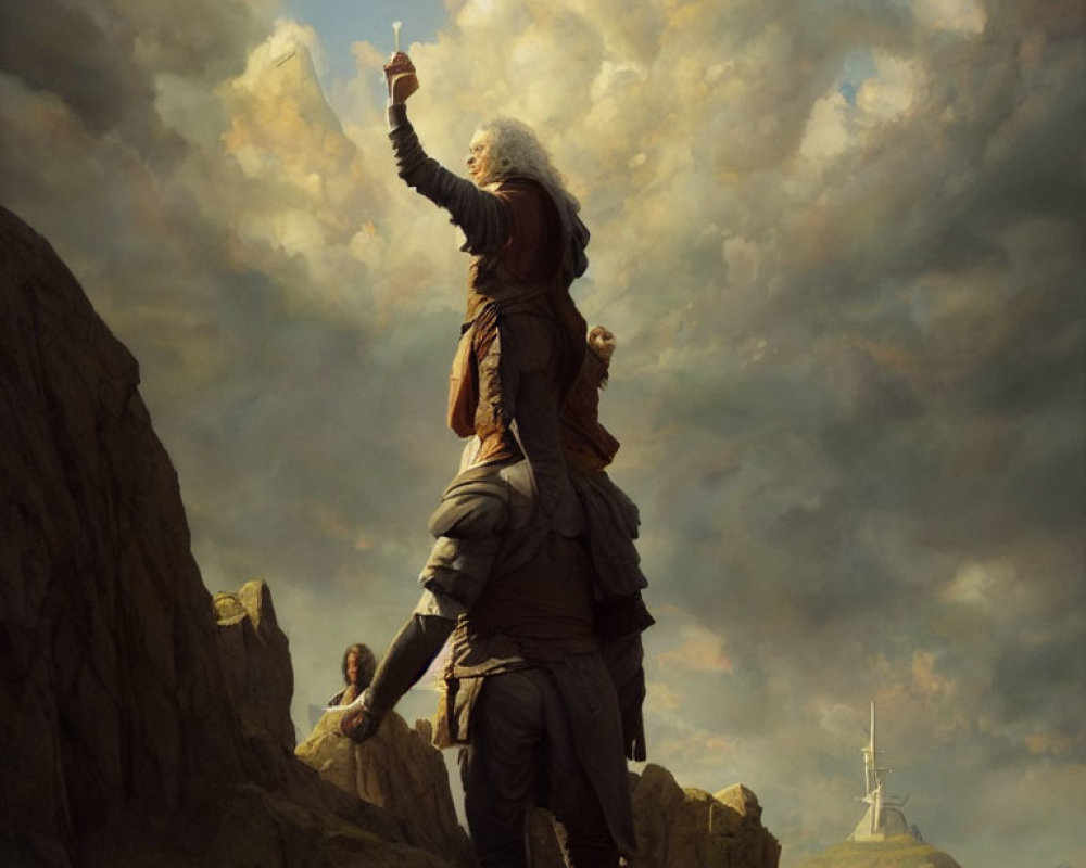 Historical figure in dramatic pose on rocky outcrop with outstretched arm and dramatic clouds.