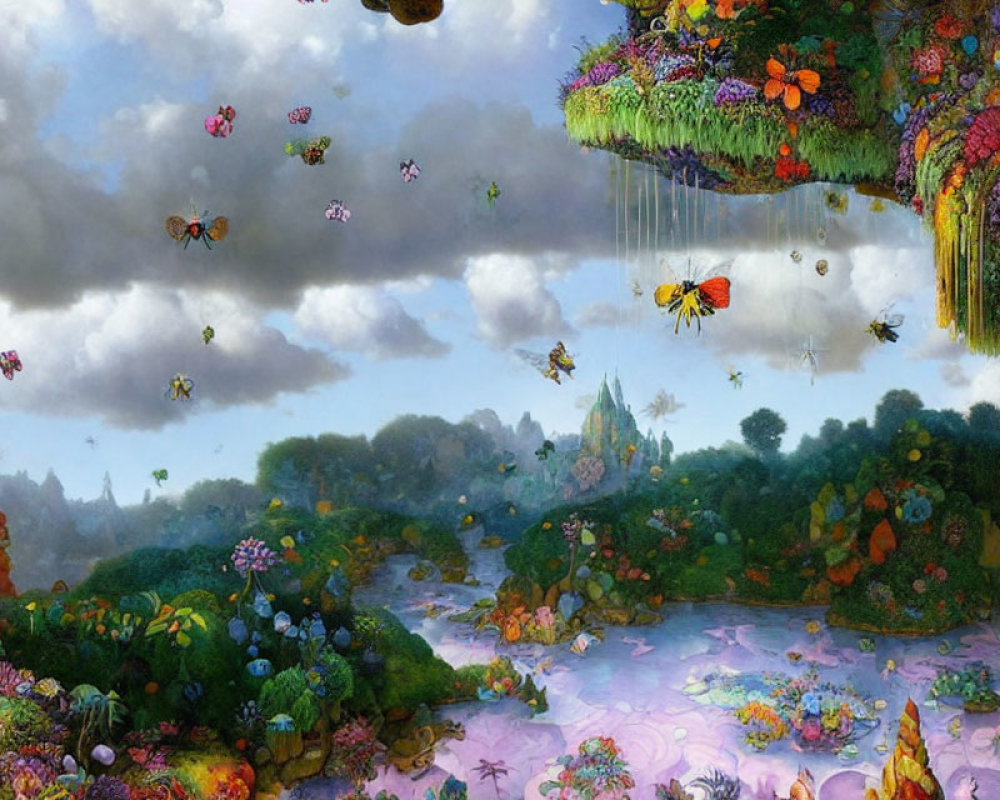 Fantastical landscape with floating islands and oversized butterflies
