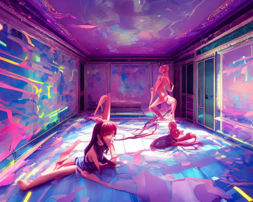 Colorful artwork: Animated female figures in psychedelic room