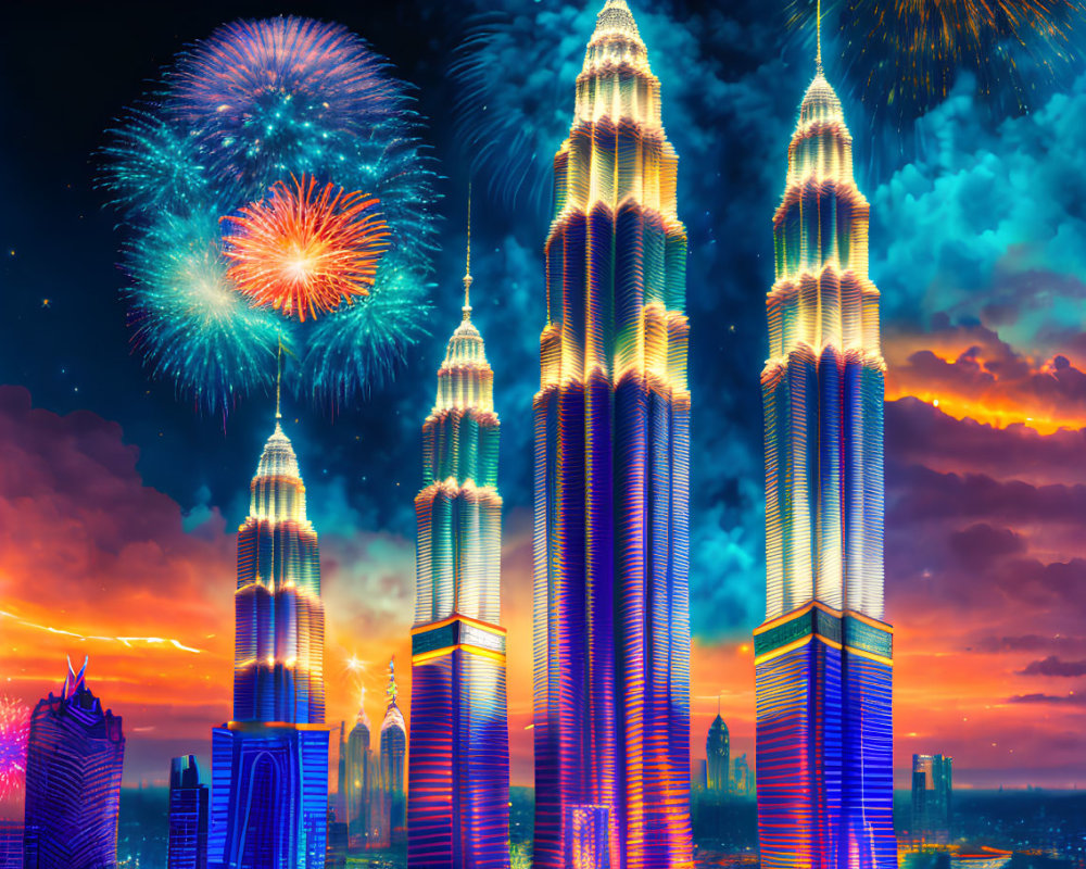 Colorful fireworks above twin skyscrapers at twilight with orange and blue sky
