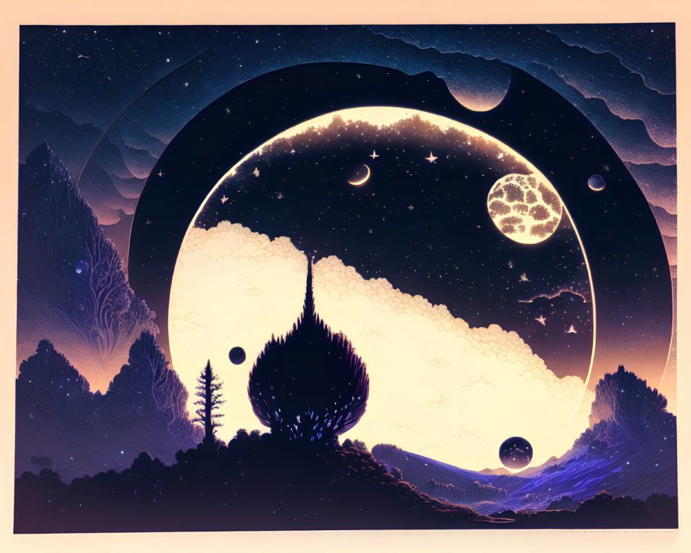 Surreal landscape with gradient sky, moons, stars, and glowing celestial backdrop