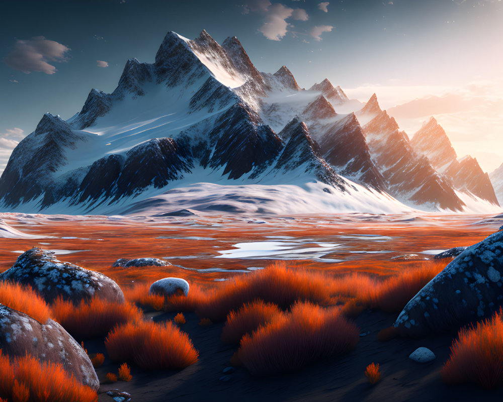 Majestic snow-covered peaks above orange field at sunrise.