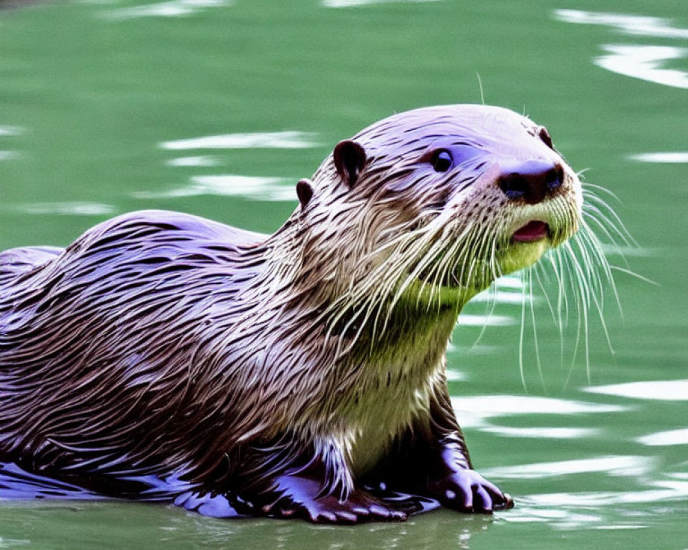 Wet fur otter by water with mouth open