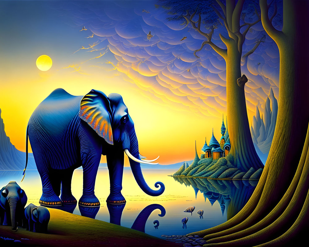 Colorful artwork featuring elephants by water with whimsical trees and stylized buildings under orange sky