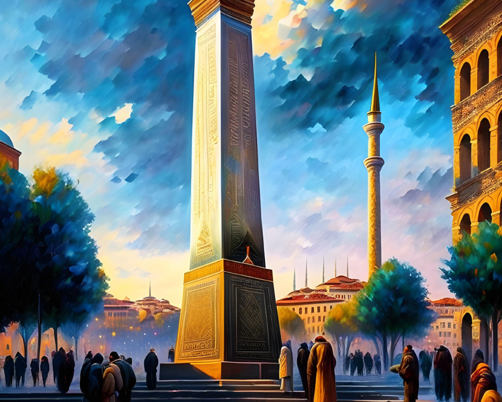 Colorful city square sunset scene with obelisk, historic buildings, and traditional attire.