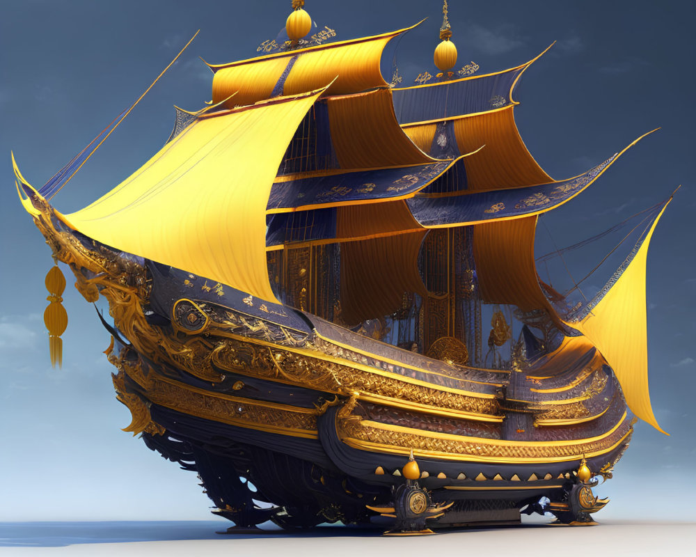 Majestic fantasy ship with golden details and yellow sails on serene blue sky