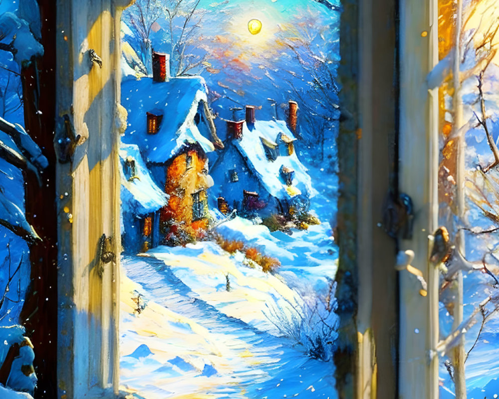 Snowy scene with cozy cottages and moonlit sky viewed through window