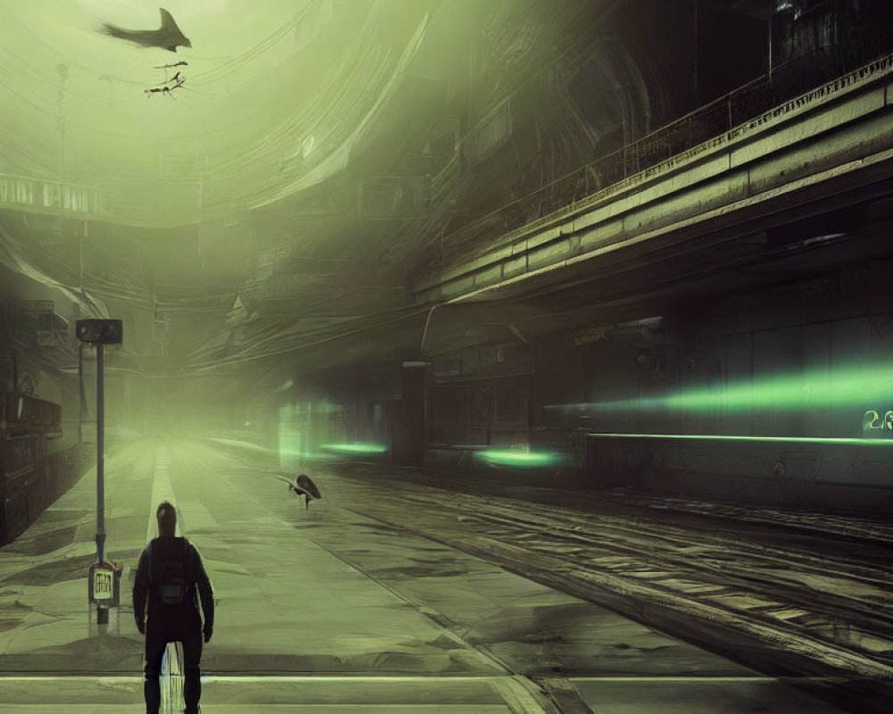 Solitary figure in futuristic station with birds and neon lights