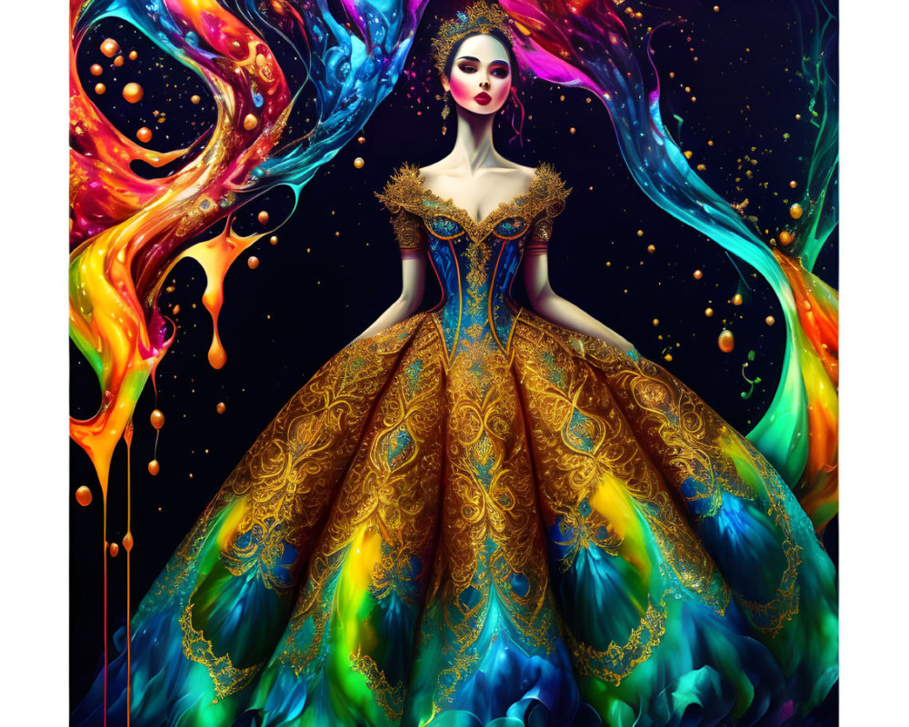 Vibrant digital artwork: Woman in regal gown with abstract elements