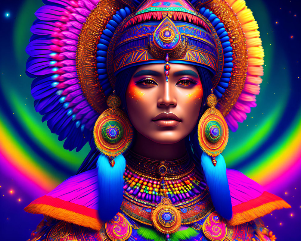 Colorful digital artwork: Woman with ornate headdress and psychedelic patterns on starry space backdrop