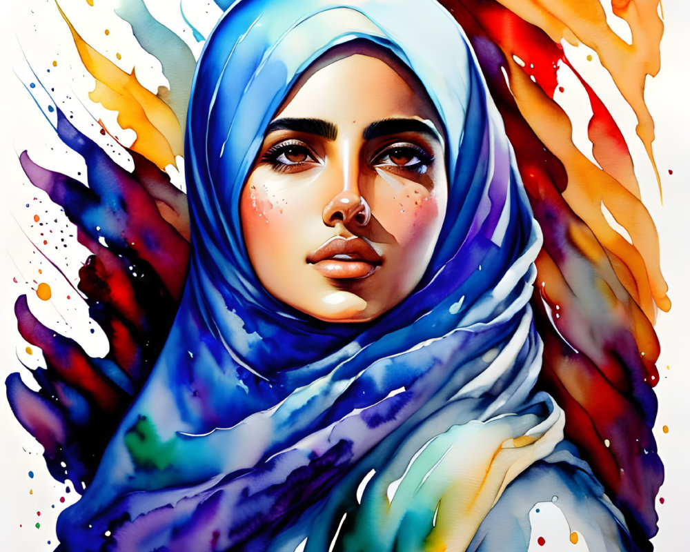 Colorful digital artwork of woman in blue hijab with rainbow background
