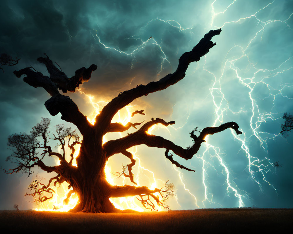 Ancient tree with sprawling branches in dramatic stormy sky