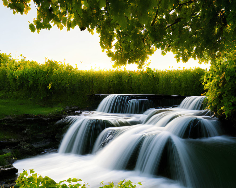 Tranquil waterfall in lush greenery under soft sunlight