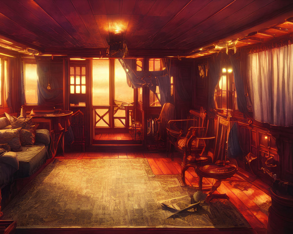 Cozy ship's cabin with wooden walls, plush seating, nautical decor, and sunlight.