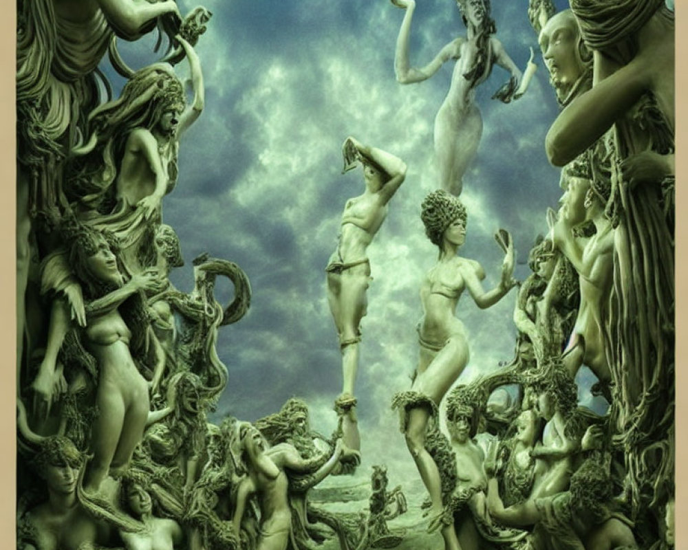 Surreal sculpture art with dramatic sky and mythological theme