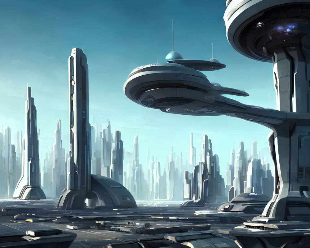 Futuristic Cityscape with Skyscrapers and Disc-Shaped Structures