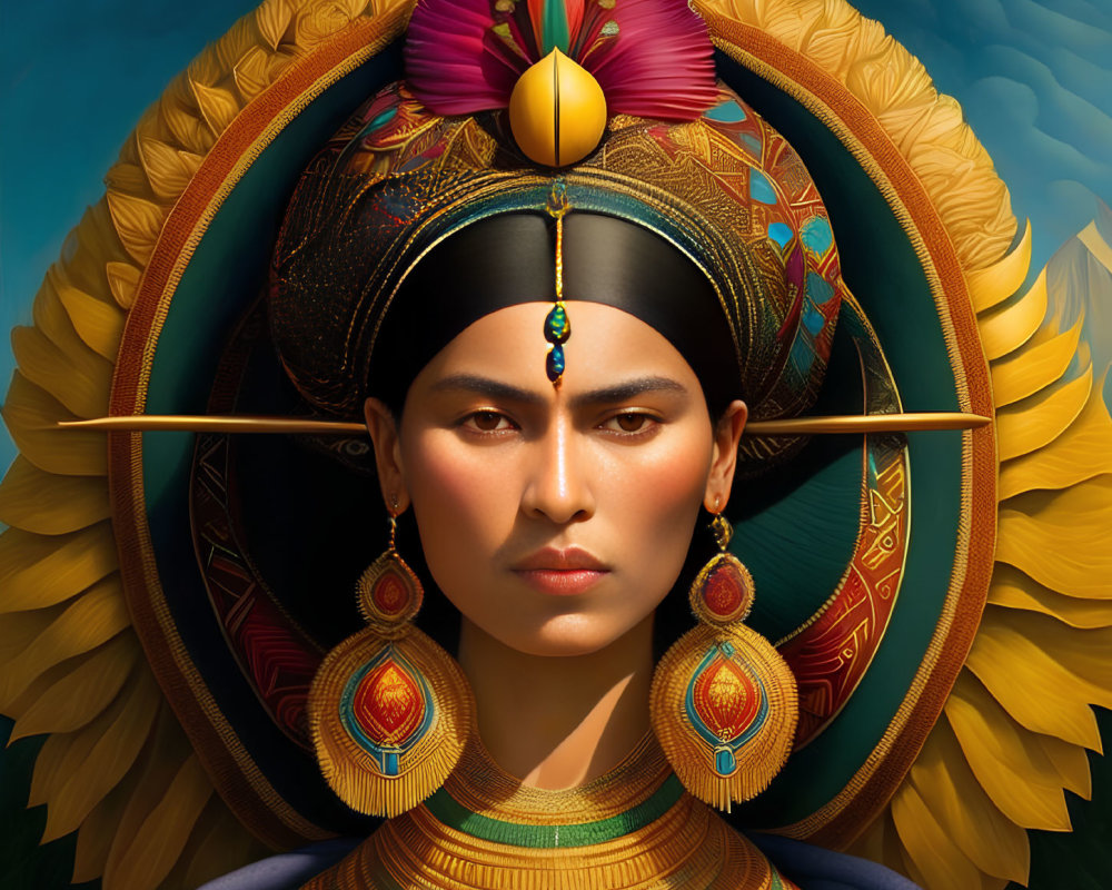 Digital portrait featuring person with ornate peacock feather headdress