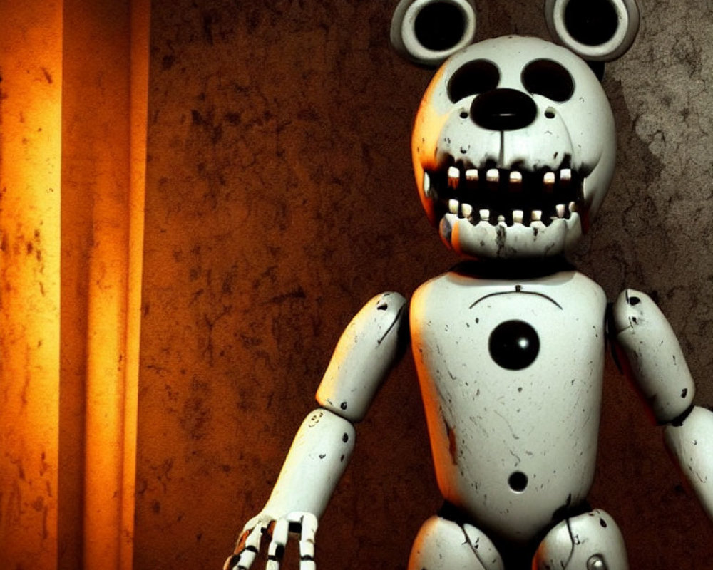 Menacing worn-out robotic bear with visible endoskeleton parts in dark, grungy setting with