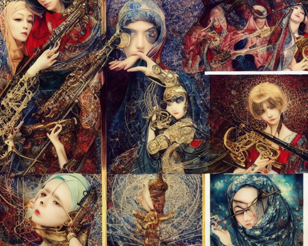 Detailed Historical and Fantasy Character Illustrations with Ornate Objects
