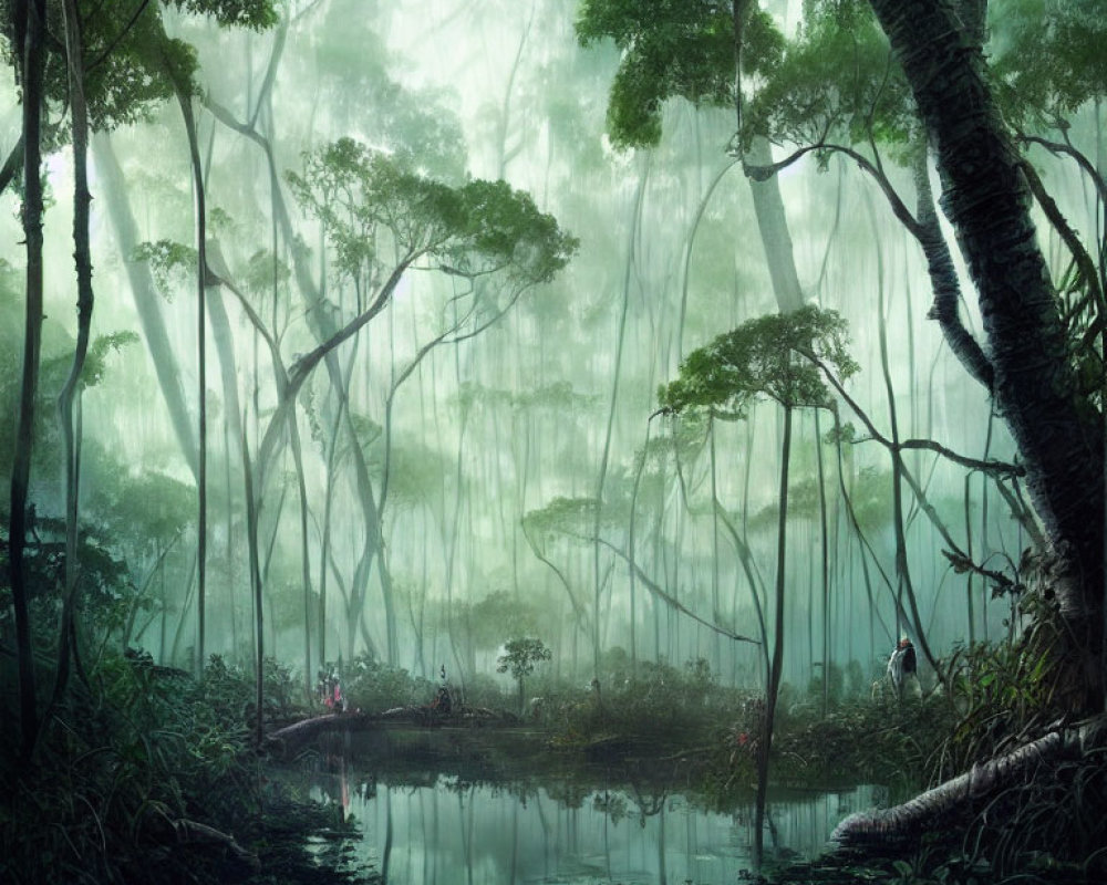 Lush Greenery and Serene Pond in Misty Forest