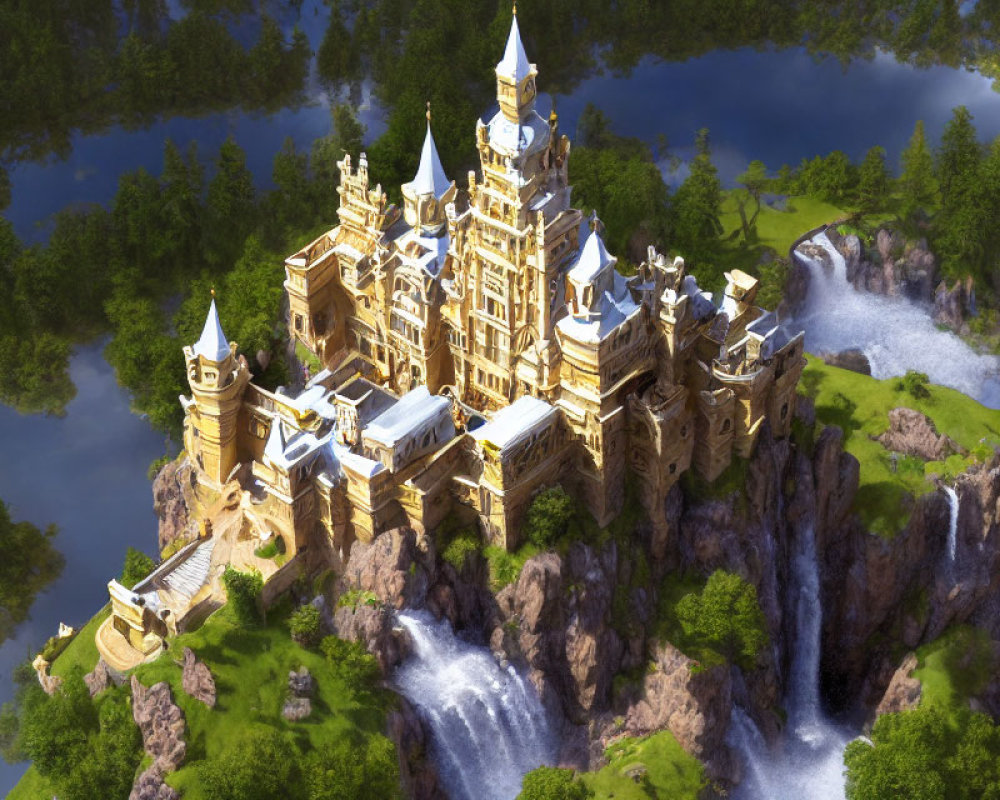 Majestic fantasy castle on rugged cliff with waterfalls