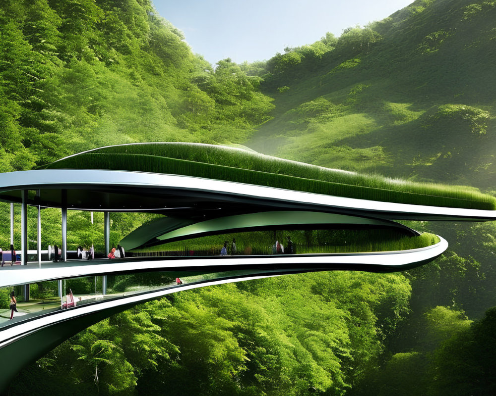 Futuristic multi-level structure with green roofs on lush hillside