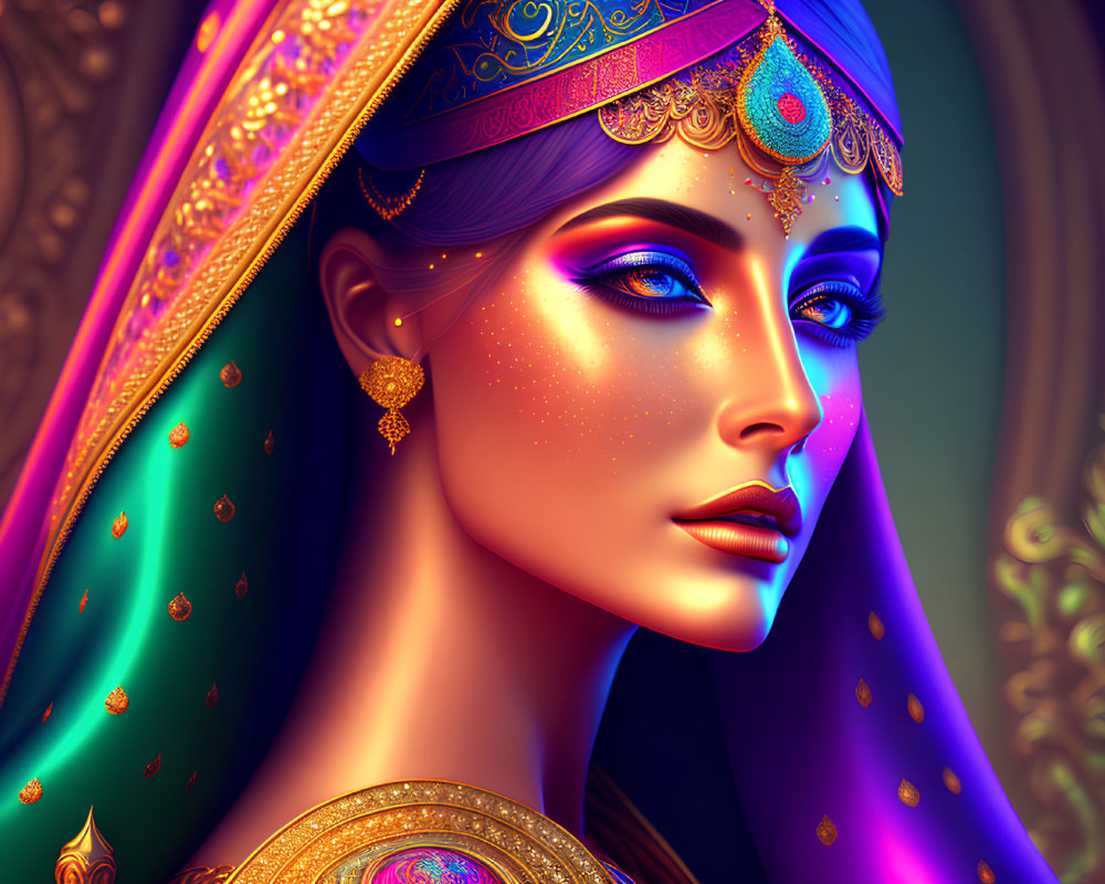 Colorful Digital Portrait of Woman in Traditional Indian Attire