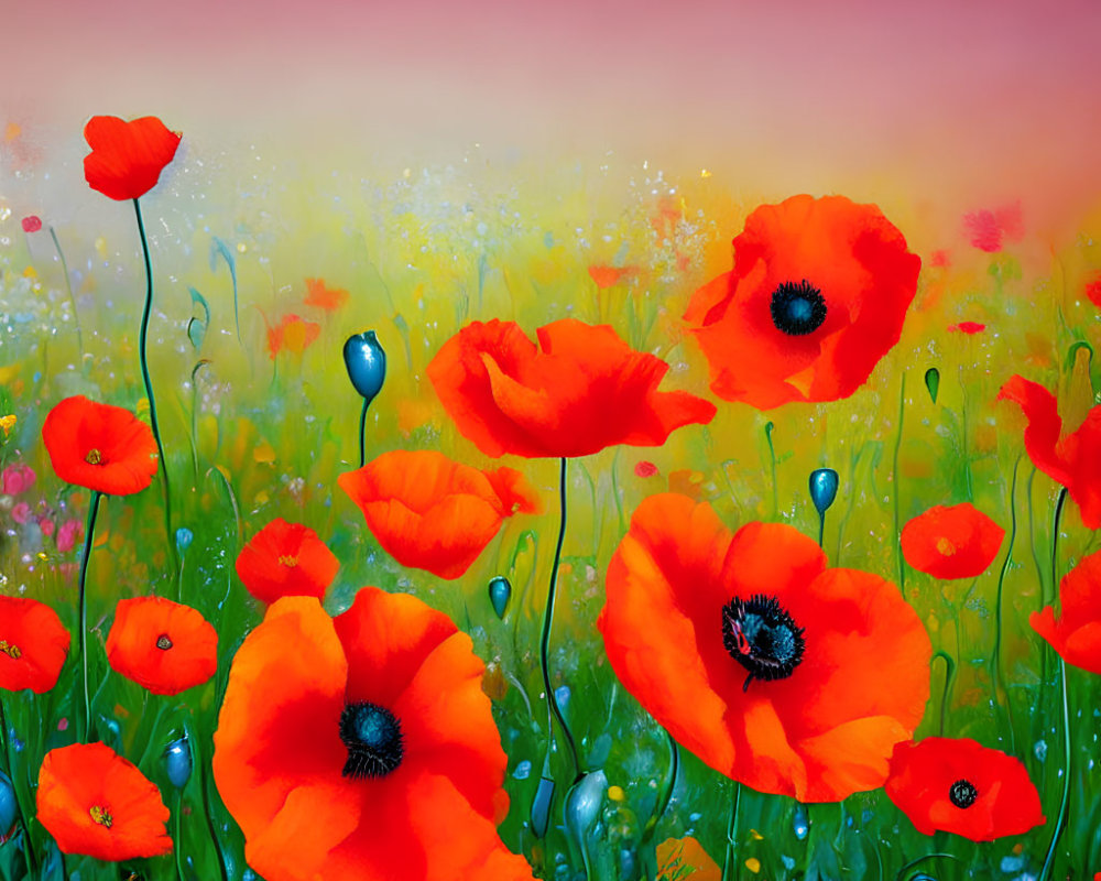 Colorful red poppies with dark centers on green stems against a dreamy multicolored background.