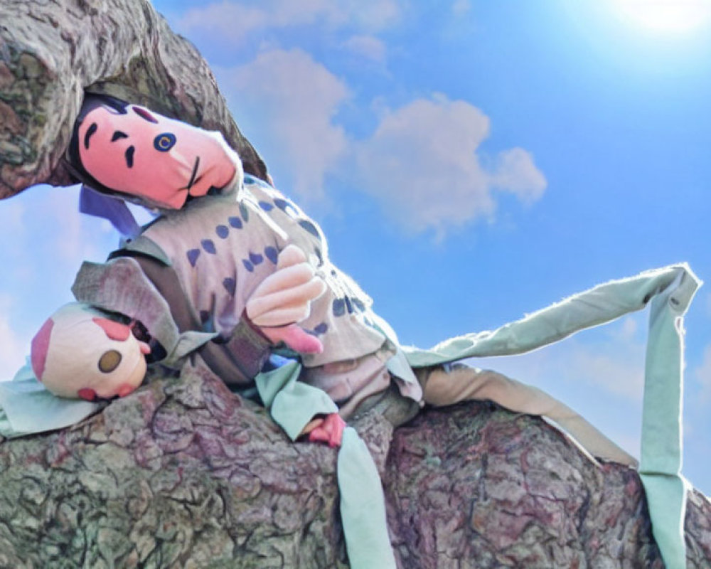 Clown-themed plush toy in tree nook under sunny sky