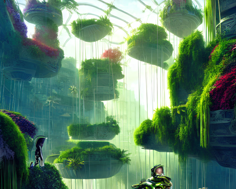 Futuristic greenhouse with floating gardens and person in high-tech suit.
