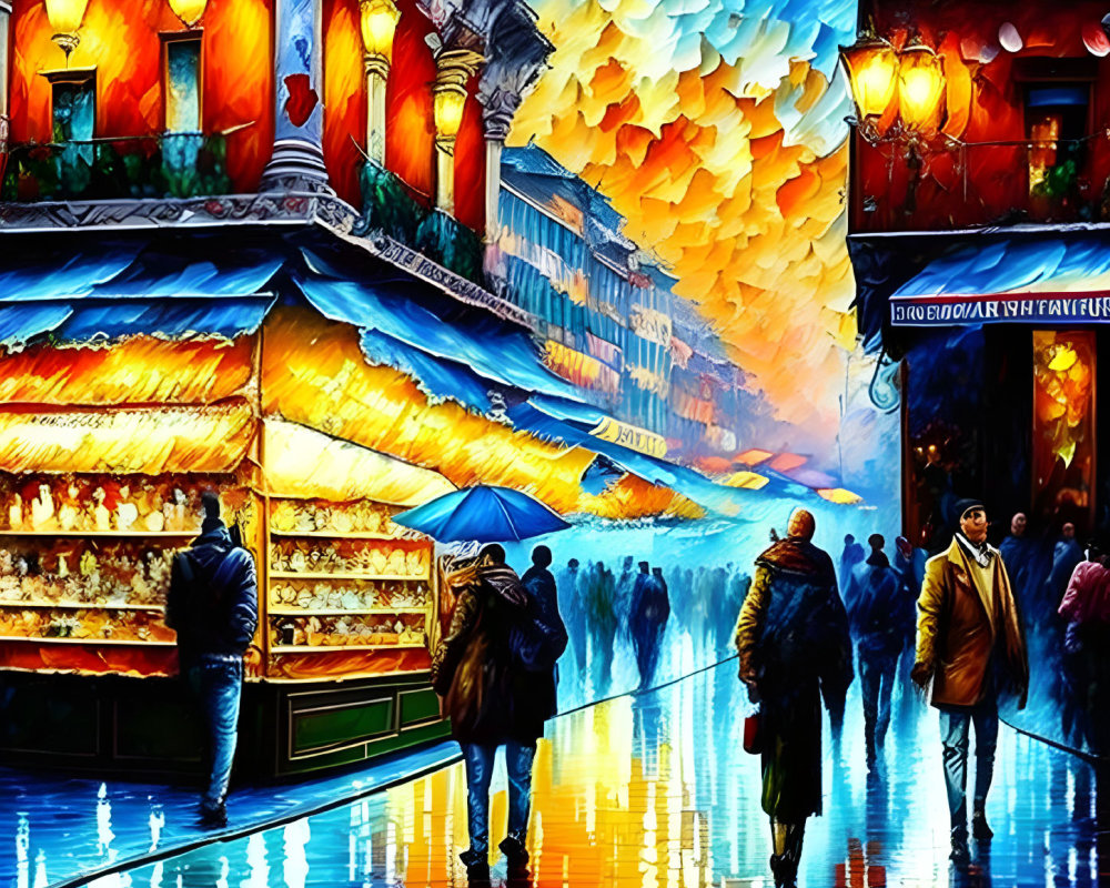 Colorful urban street scene painting with vibrant sky and market stalls