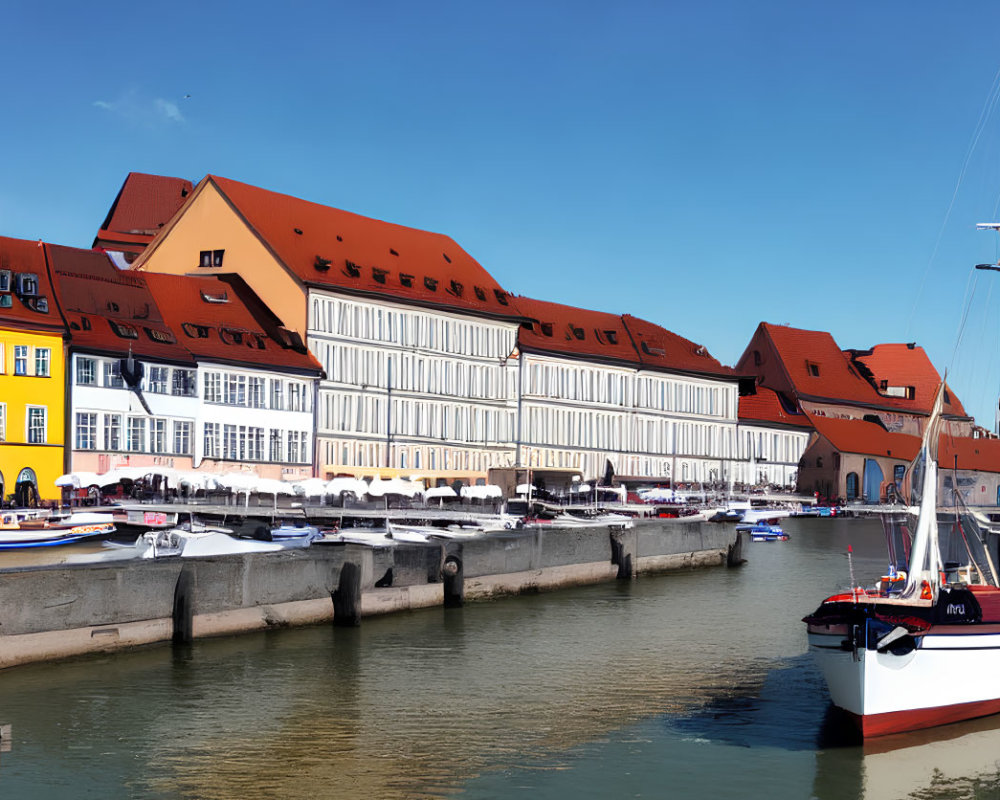 European Marina: Colorful Buildings, Boats, Clear Blue Skies