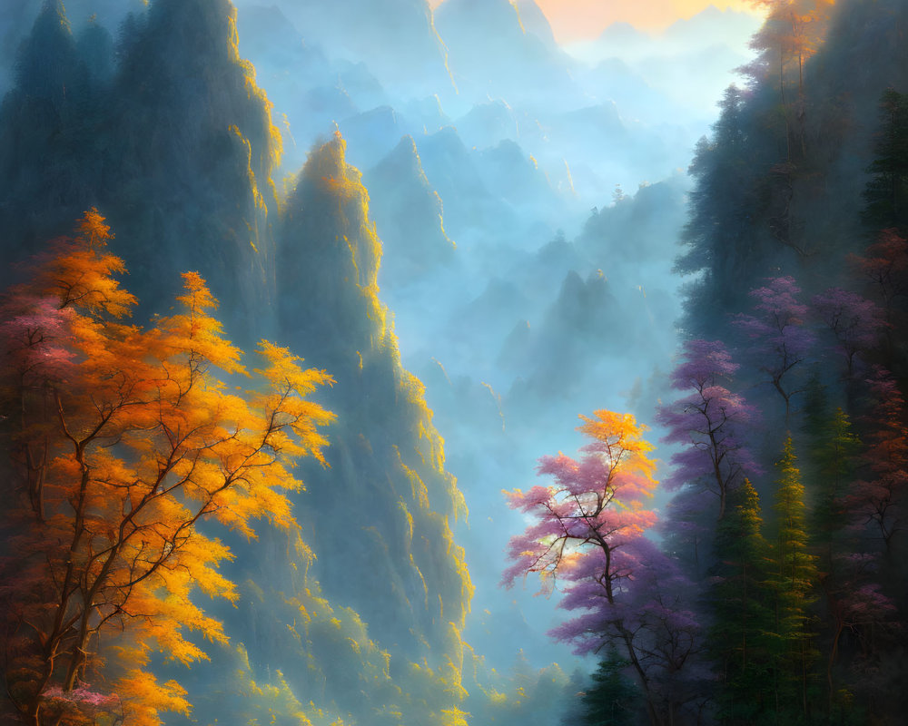 Scenic landscape with towering mountains, misty valley, autumnal trees in warm light