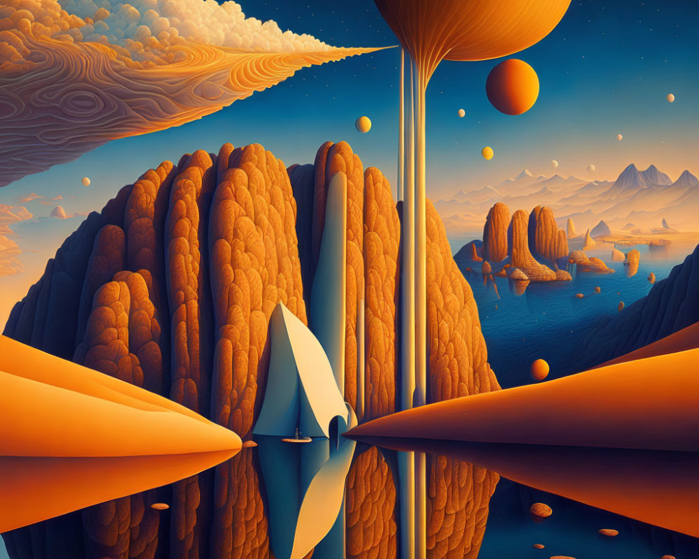 Surreal landscape with sailboat, cliffs, golden waterfall, orange sea, floating spheres, blue