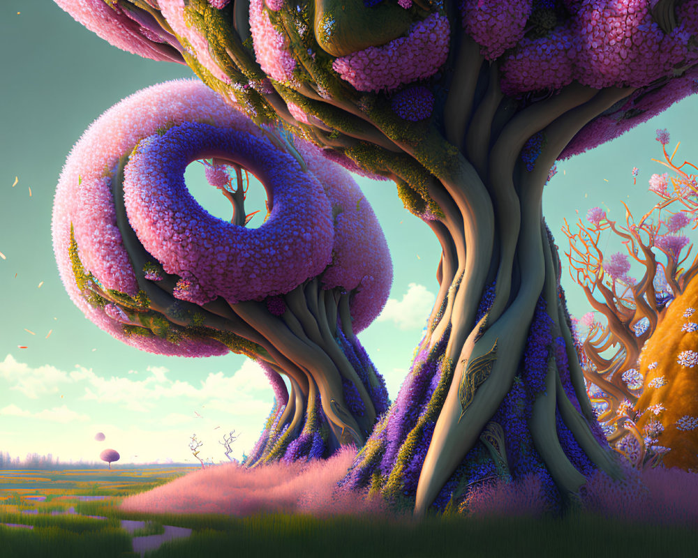 Colorful twisted trees in lush landscape with fluffy textures and floating orbs